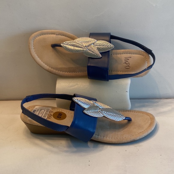 Blue and silver tone low wedge sling back thong sandals 8 W - Picture 11 of 11